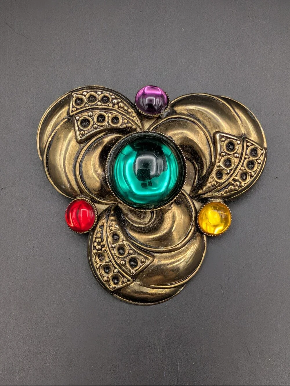 Vintage Art Deco Revival Brass Trefoil Brooch Emerald Red Yellow Glass Cabochon